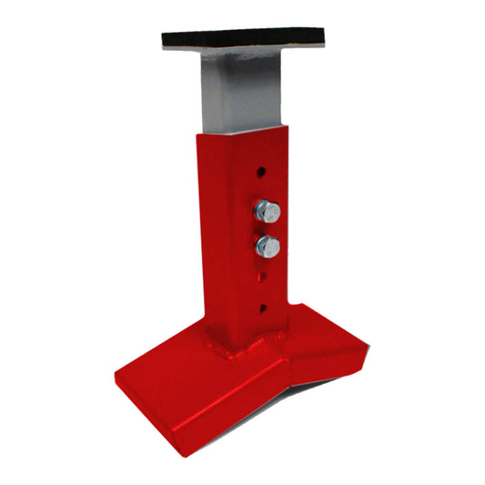 Red metal stand with a black top on a white background