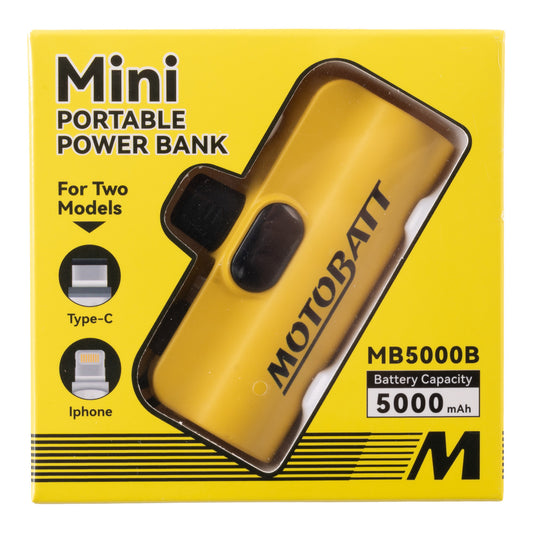 Motobatt Mini Portable Power Bank 5000mAh MB5000B packaging showing Type-C and Lightning connectors